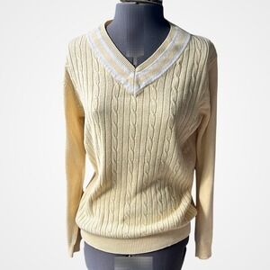 White Stag Womens Pale Yellow Cable Knit V-Neck Sweater Size M 8-10 Retro Sport